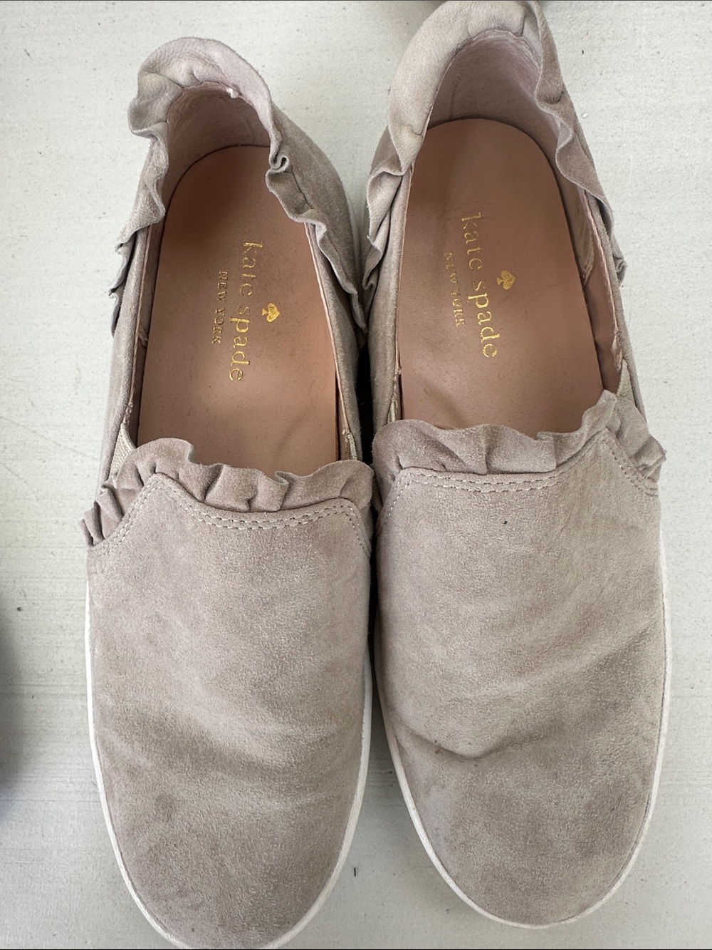 kate spade Taupe/gray Suede Ruffle Slip-On Sneakers